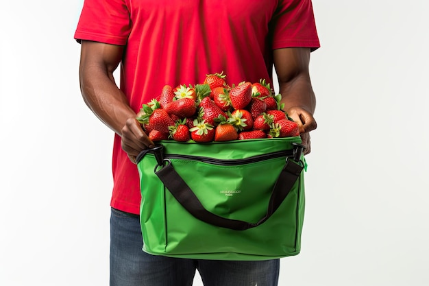 Delivery Concept Afro american delivery man carrying green box of grocery food on white background