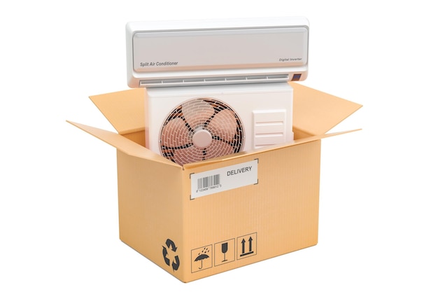 Delivery concept air conditioner inside cardboard box 3D rendering