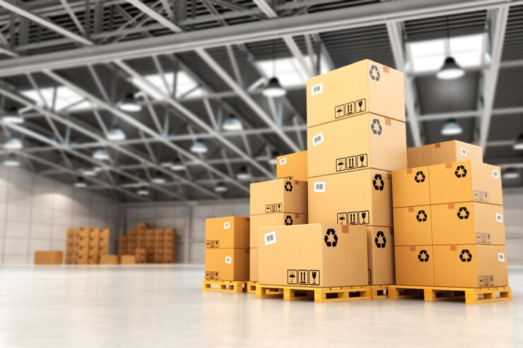 Photo delivery concept. boxes on pallet in the warehouse. 3d