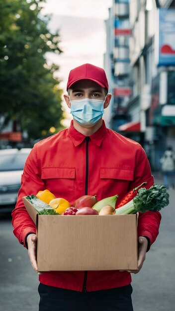 Delivery concept handsome caucasian grocery delivery courier man in red uniform and face mask with