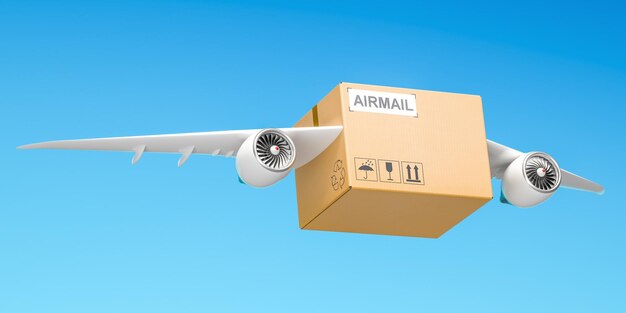 Photo delivery concept parcel with wings flying in the sky 3d rendering