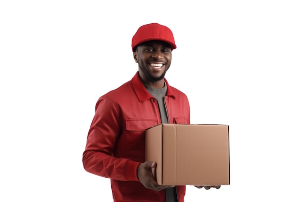 Delivery concept Portrait of a happy African American delivery man in red uniform holding a box Isolated on white background copy space generative AI