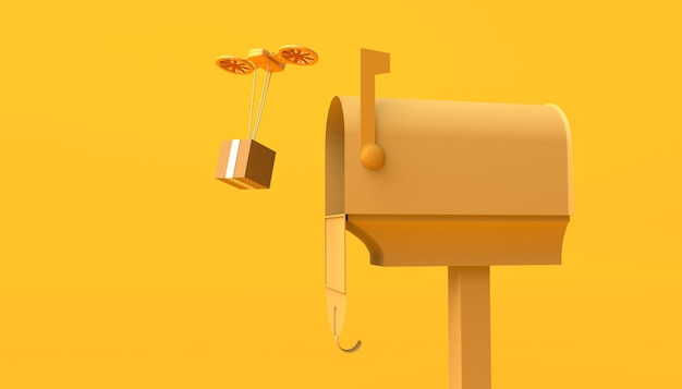 Delivery concept with drone and mailbox. Logistics. Copy space. 3D illustration.