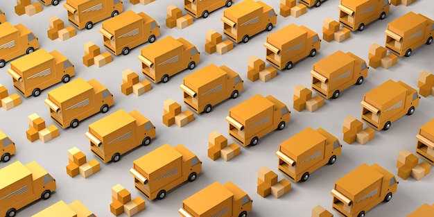 delivery concept with trucks loading boxes. logistics. copy space. 3d illustration.
