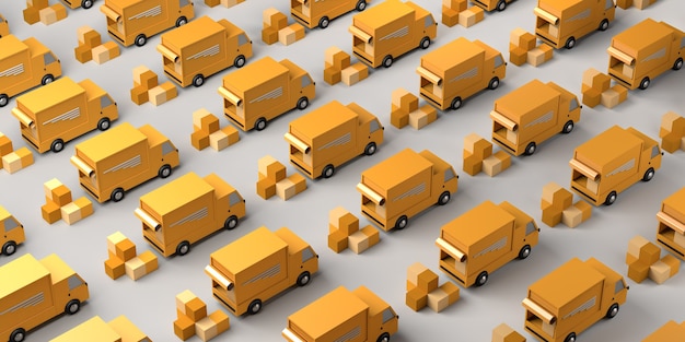 Delivery concept with trucks loading boxes. Logistics. Copy space. 3D illustration.