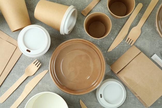 Delivery containers for takeaway food on gray textured table