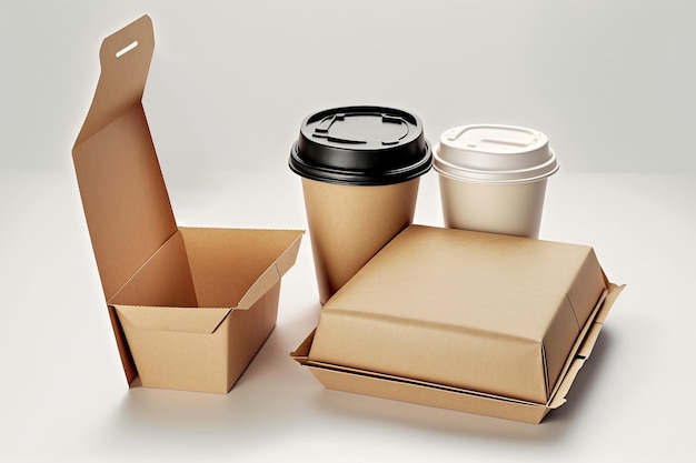 Delivery containers for takeaway food Paper coffee cup with packed food Generative Ai