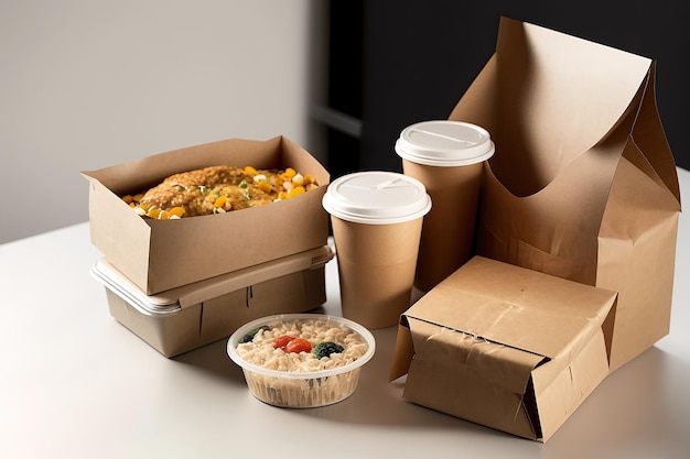 Photo delivery containers for takeaway food paper coffee cup with packed food generative ai