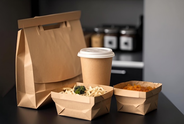 Delivery containers for takeaway food Paper coffee cup with packed food Generative Ai