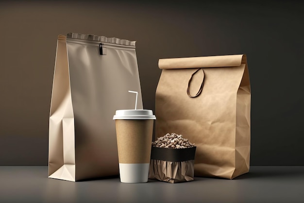 Delivery containers for takeaway food Paper coffee cup with packed food Generative Ai