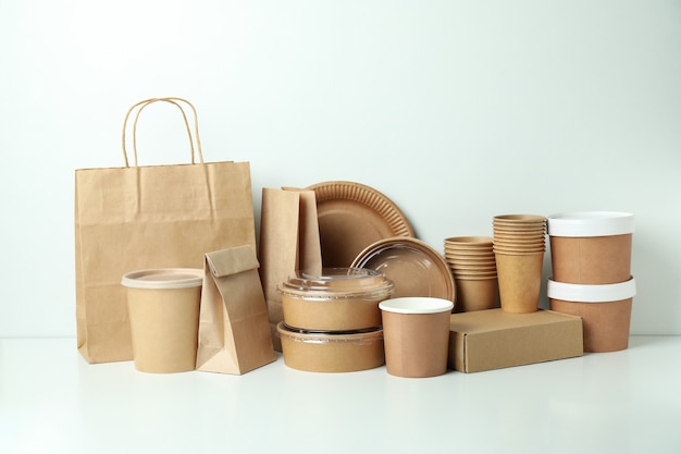 Delivery containers for takeaway food on white surface