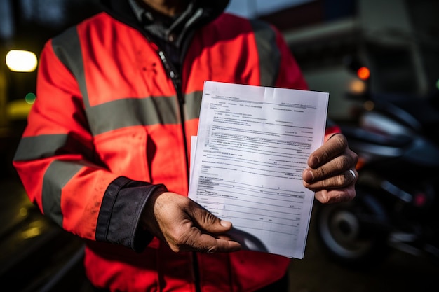 Delivery courier holding form in front of blurred background