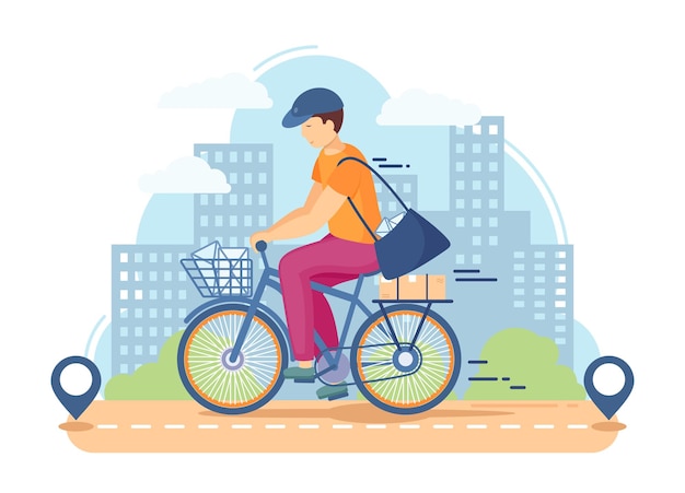 Delivery courier order box on bicycle on background of highrise buildings of the city