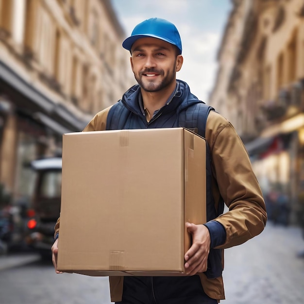 Delivery courier with box in front of blurred background