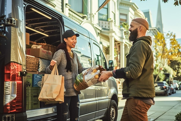 A delivery driver unloading grocery products from a van while a grateful customer welcomes the doors