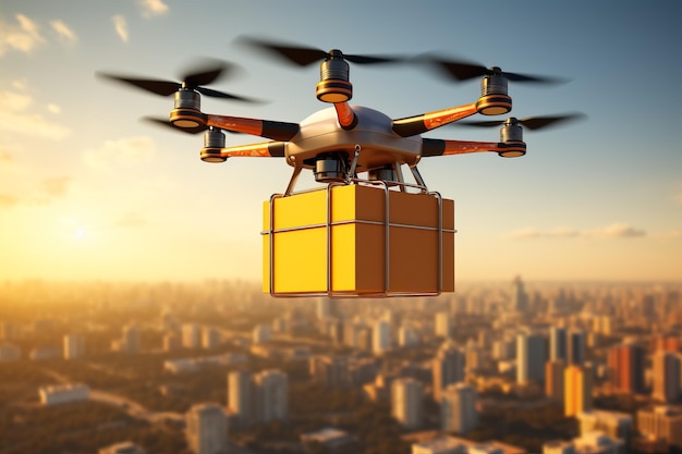 Delivery drone flying over urban skyline isolated on a gradient background