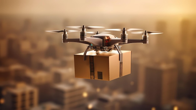 Delivery drone flying with cityscape background Generative AI