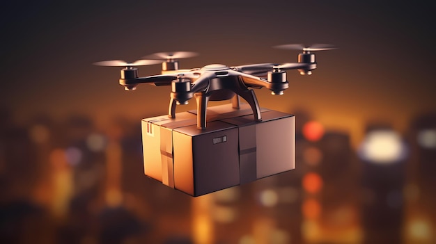 Delivery drone flying with cityscape background Generative AI