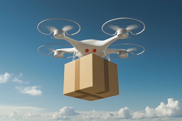 Photo delivery drone future logistics technology flying with cardboard box