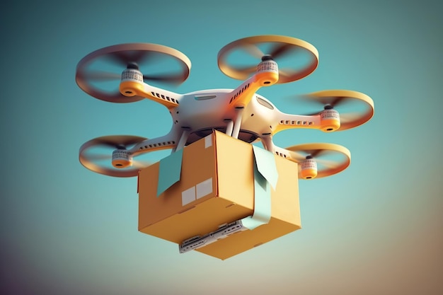 配達用ドローン 新技術 屋外で小包を持って空を飛ぶドローン ジェネレーティブ AI