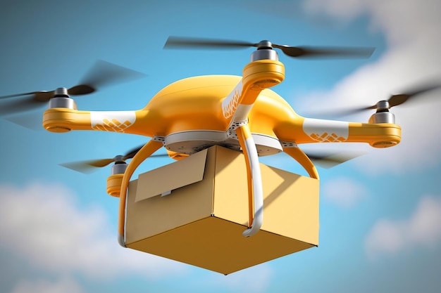 Delivery drone new technologies logistics of future robotic mail Drone flying in sky with cardboard box outdoors Generative AI