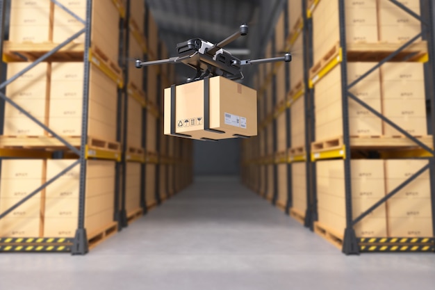 Delivery drone in warehouse.