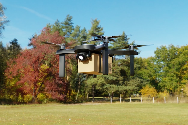 Delivery flying air drone in farm house. Business technology transportation and agriculture concept. Online shopping and service for customer house. 3D illustration rendering