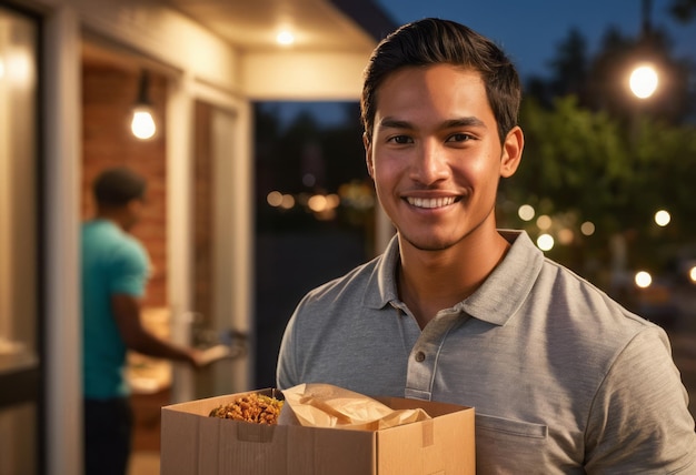 Photo a delivery guy carries a box likely filled with baked goods hinting at a food delivery service