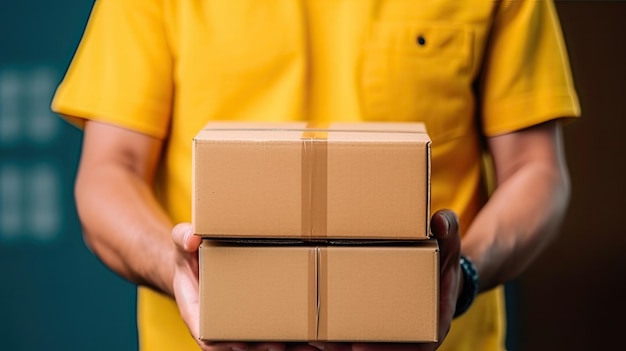 Delivery guy holding the cardboard box for customer