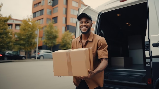 Delivery guy holding cardboard box in front of the van