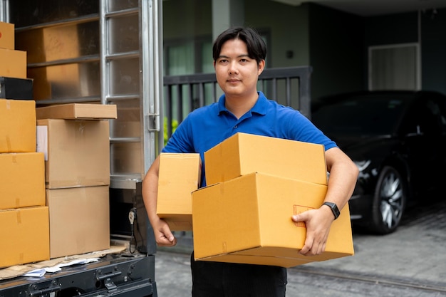 A delivery guy is carrying boxes from his truck to deliver to a customer in front of their house