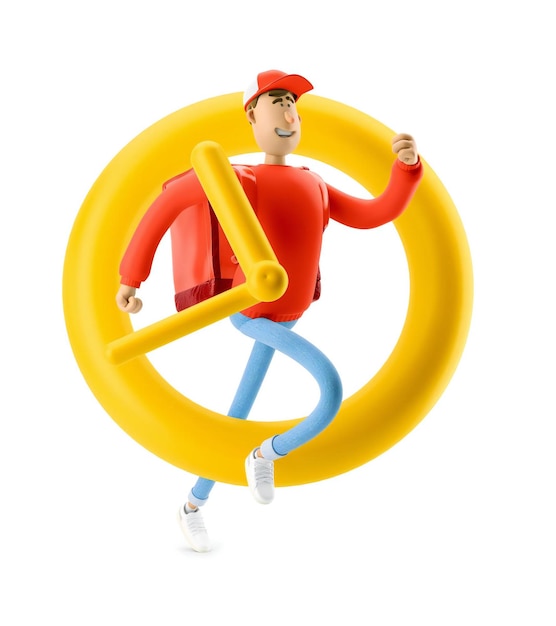 Delivery guy is in a hurry to get there in time 3d illustration Cartoon character Express delivery concept