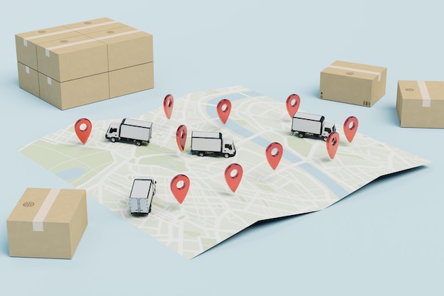 Photo delivery of large parcels to addresses boxes with parcels a map with addresses and trucks 3d render