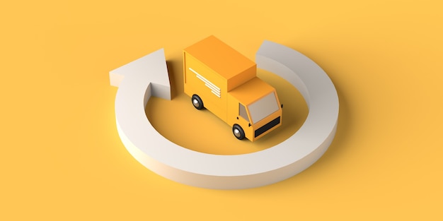 Концепция доставки и логистики с круговой стрелкой и грузовиком. Скопируйте пространство. 3D иллюстрации.