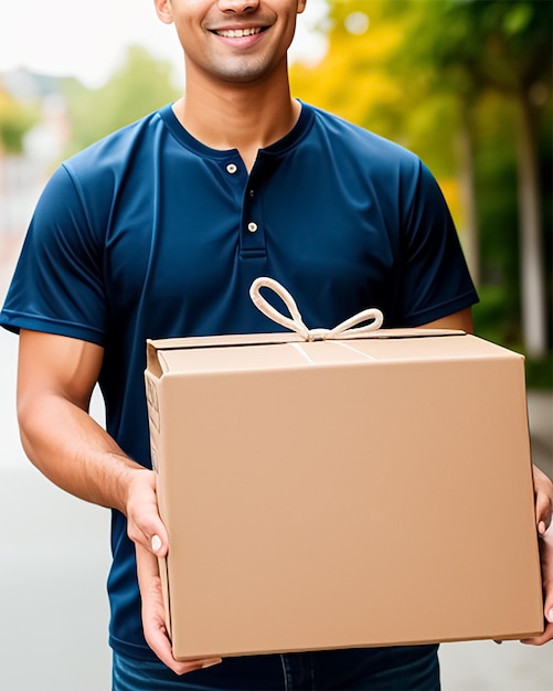 Delivery man in blue dress He was holding a parcel box in his hand