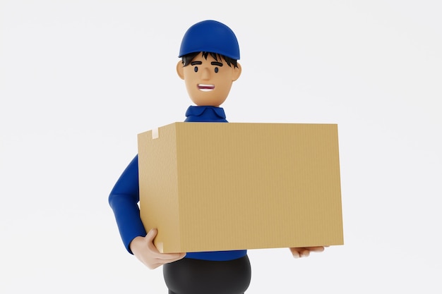 Delivery man in blue uniform smiling holding parcel box shipment service concept 3D rendering