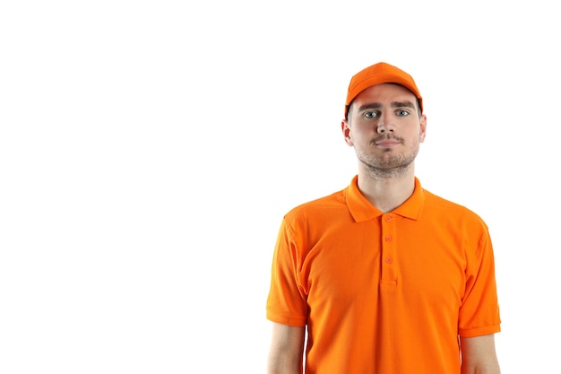 Delivery man in cap and t-shirt isolated on white background