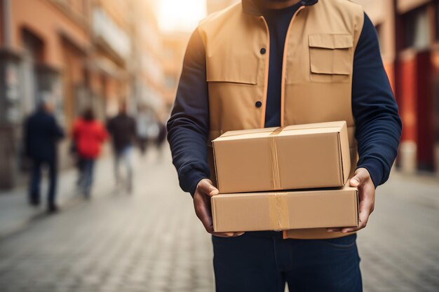 Delivery man carries a cardboard box in his hands