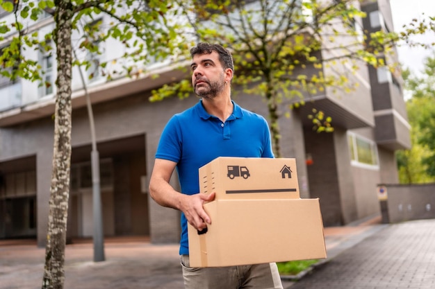 Delivery man carrying boxes along the city