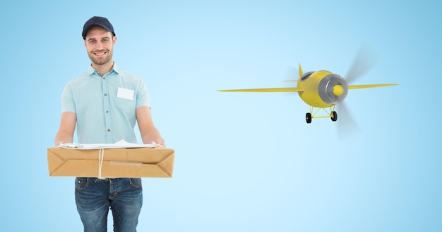 Delivery man carrying parcel by 3d airplane