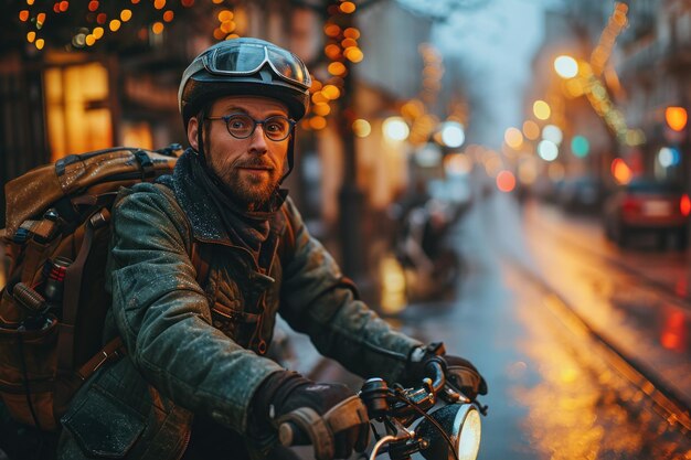 A delivery man cycling through the city