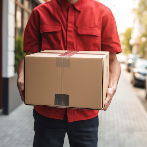 Photo delivery man delivering holding parcel box to customer