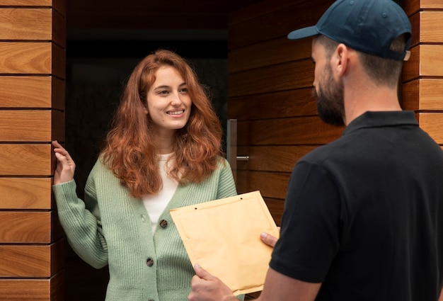 Foto uomo di consegna che consegna un pacchetto per una donna