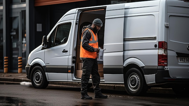 Photo delivery man driver courier exiting a white van