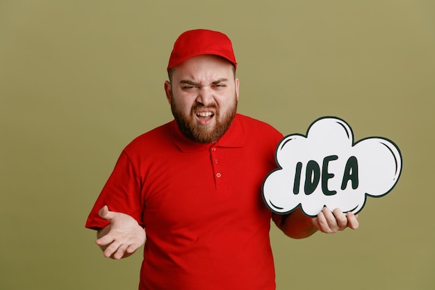 Delivery man employee in red cap blank tshirt uniform holding bubble speech with word idea looking at camera with aggressive expression raising arm standing over green background