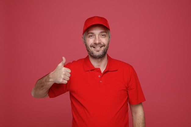 Delivery man employee in red cap blank tshirt uniform looking at camera smiling cheerfully happy and positive showing thumb up standing over red background