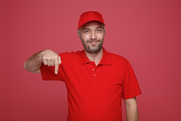 Delivery man employee in red cap blank tshirt uniform looking at camera smiling pointing with index finger down standing over red background