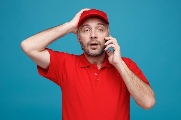 Foto dipendente dell'uomo di consegna in uniforme della maglietta vuota del cappuccio rosso che parla sul telefono cellulare che sembra confuso con la mano sulla sua testa per errore che si leva in piedi sopra fondo blu