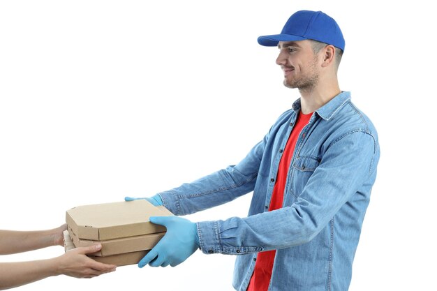 Delivery man give pizza, isolated on white background