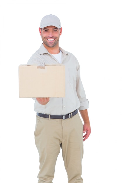 Delivery man giving package on white background